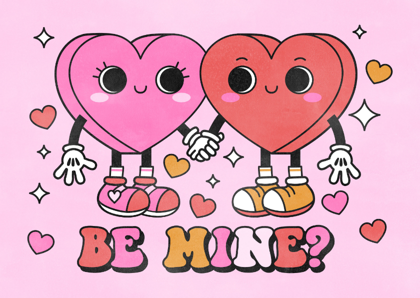 Valentijnskaarten - Vrolijke valentijnskaart 2 roze en rode hartjes "be mine?" 