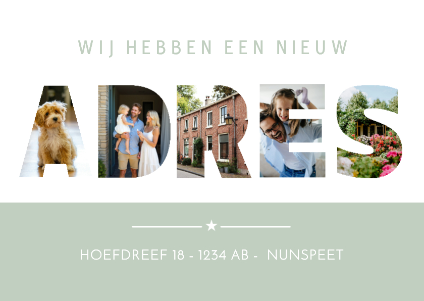 Adreswijziging met letters 'adres' met eigen foto's erin - Verhuiskaarten Verhuiskaarten - Adreswijziging met letters 'adres' met eigen foto's erin