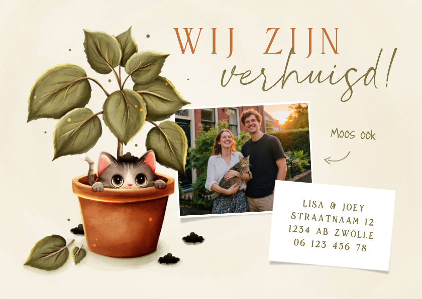 Grappig verhuiskaartje kat in plant met foto - Verhuiskaarten Verhuiskaarten - Grappig verhuiskaartje kat in plant met foto