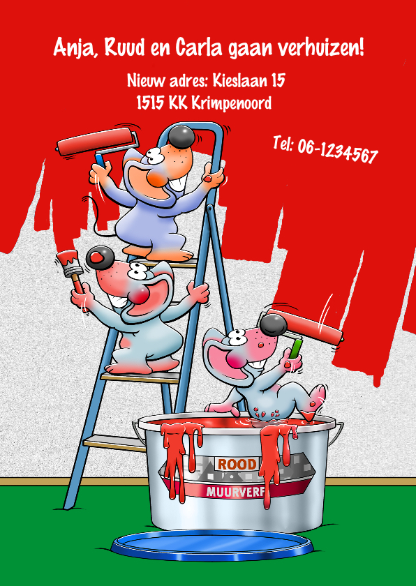Grappige verhuiskaart muizen die een muur rood schilderen - Verhuiskaarten Verhuiskaarten - Grappige verhuiskaart muizen die een muur rood schilderen