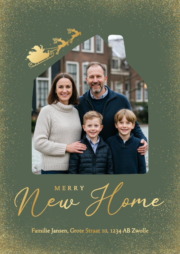 Groene verhuiskaart merry new home met foto en kerstman goud - Verhuiskaarten Verhuiskaarten - Groene verhuiskaart merry new home met foto en kerstman goud