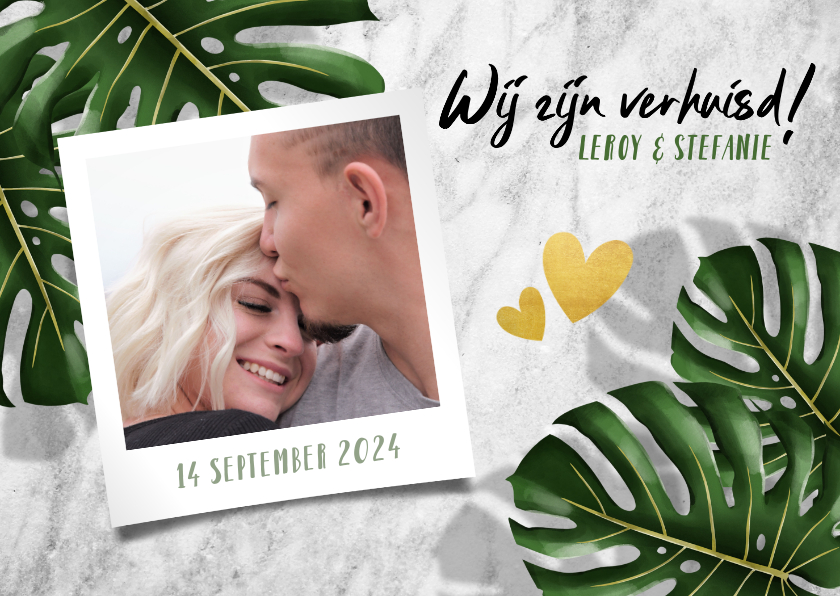 Hippe verhuiskaart met bladeren, marmer en typografie - Verhuiskaarten Verhuiskaarten - Hippe verhuiskaart met bladeren, marmer en typografie