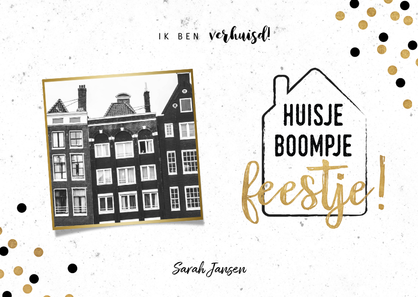 Verhuiskaarten - Hippe verhuiskaart met huisje boompje feestje en foto