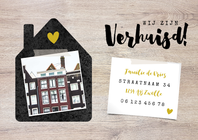 Hippe verhuiskaart met huisje, foto's en hout - Verhuiskaarten Verhuiskaarten - Hippe verhuiskaart met huisje, foto's en hout