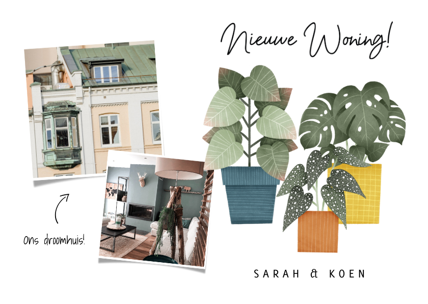 Hippe verhuiskaart nieuwe woning met planten en foto's - Verhuiskaarten Verhuiskaarten - Hippe verhuiskaart nieuwe woning met planten en foto's