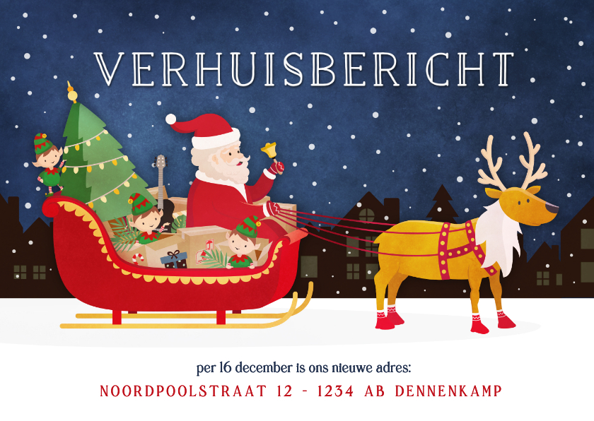 Kerst verhuiskaart arrenslee met verhuisspullen en kerstman - Verhuiskaarten Verhuiskaarten - Kerst verhuiskaart arrenslee met verhuisspullen en kerstman
