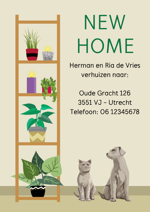 Verhuiskaarten - Leuk en vlot verhuisbericht met planten, hond en poes