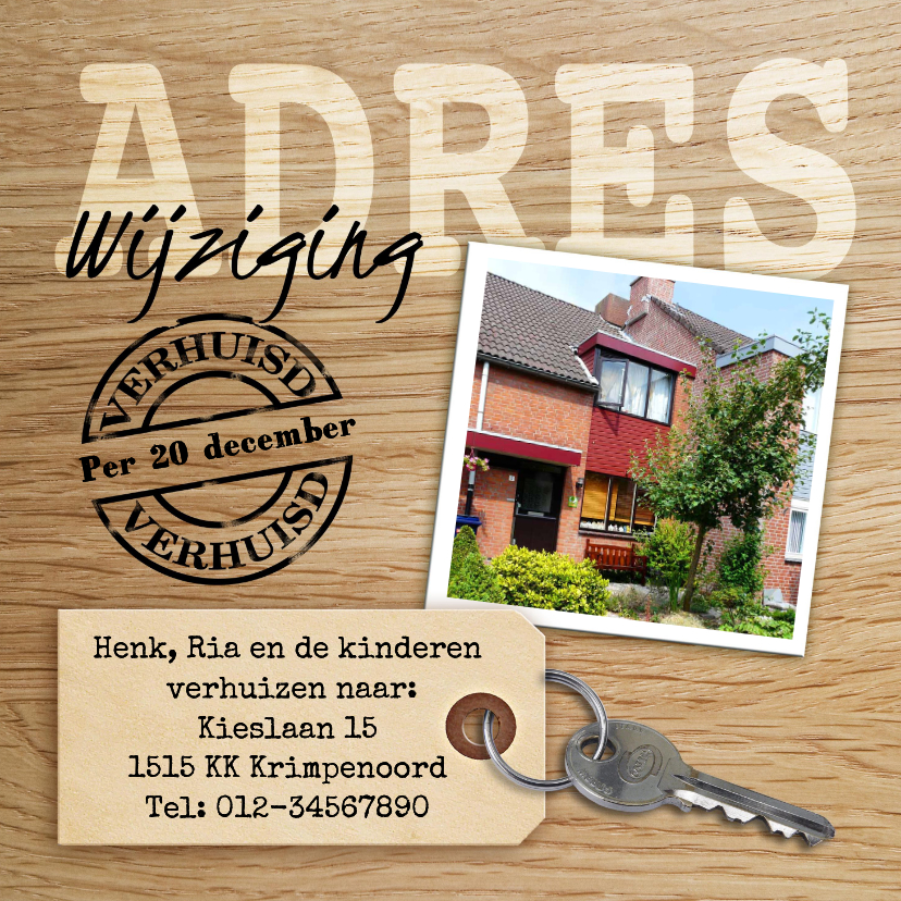 Leuke adreswijziging met sleutel hout en eigen foto - Verhuiskaarten Verhuiskaarten - Leuke adreswijziging met sleutel hout en eigen foto