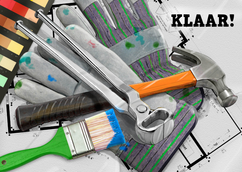 Leuke verhuiskaart Klaar verbouwing met gereedschap - Verhuiskaarten Verhuiskaarten - Leuke verhuiskaart Klaar verbouwing met gereedschap