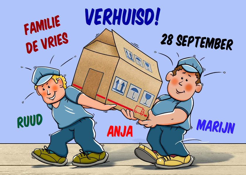 Leuke verhuiskaart mannen en doos in vorm van een huis - Verhuiskaarten Verhuiskaarten - Leuke verhuiskaart mannen en doos in vorm van een huis