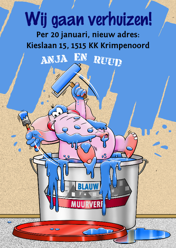Leuke verhuiskaart met emmer muurverf en olifant - Verhuiskaarten Verhuiskaarten - Leuke verhuiskaart met emmer muurverf en olifant