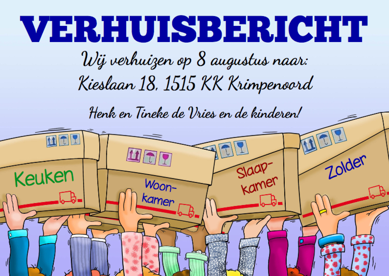 Leuke verhuiskaart met handen die verhuisdozen dragen - Verhuiskaarten Verhuiskaarten - Leuke verhuiskaart met handen die verhuisdozen dragen