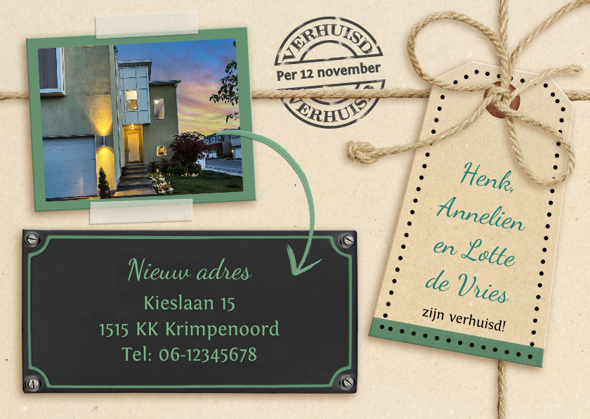 Leuke verhuiskaart met touw op karton en eigen foto - Verhuiskaarten Verhuiskaarten - Leuke verhuiskaart met touw op karton en eigen foto