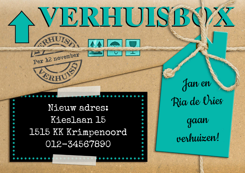 Leuke verhuiskaart met touw op verhuisdoos van karton - Verhuiskaarten Verhuiskaarten - Leuke verhuiskaart met touw op verhuisdoos van karton