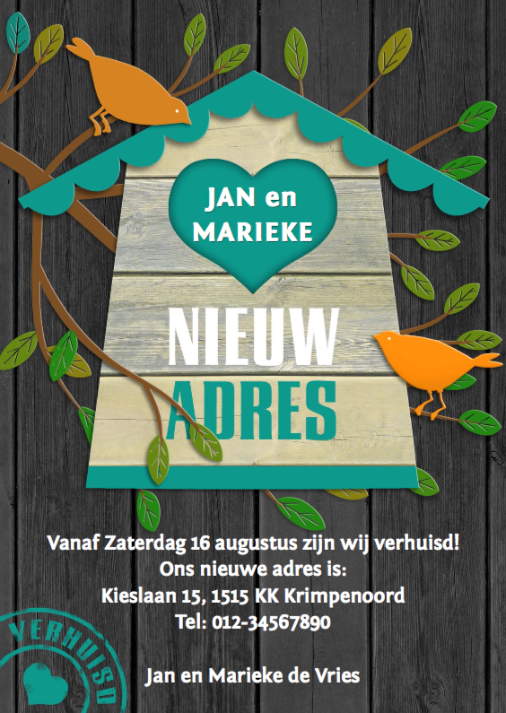Leuke verhuiskaart met vogelhuisje op zwarte achtergrond - Verhuiskaarten Verhuiskaarten - Leuke verhuiskaart met vogelhuisje op zwarte achtergrond