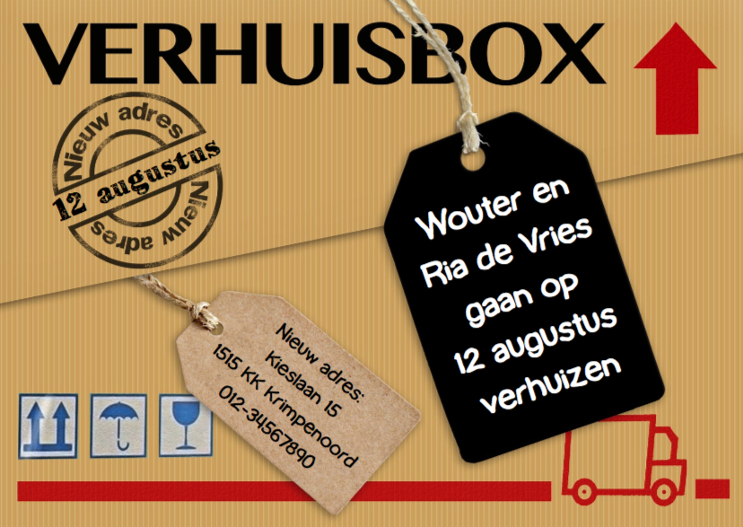 Leuke verhuiskaart verhuisbox met labels op verhuisdoos - Verhuiskaarten Verhuiskaarten - Leuke verhuiskaart verhuisbox met labels op verhuisdoos