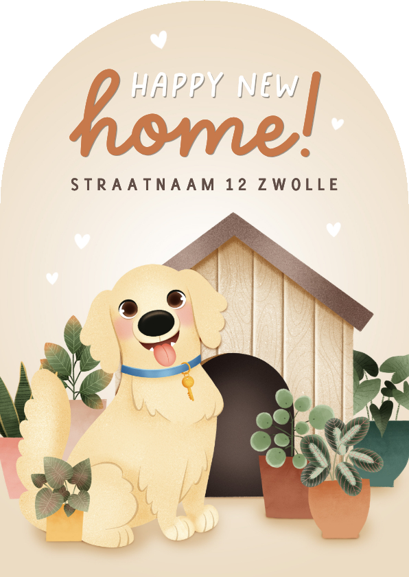 Lieve verhuiskaart hond, hondenhok en planten in boogvorm - Verhuiskaarten Verhuiskaarten - Lieve verhuiskaart hond, hondenhok en planten in boogvorm