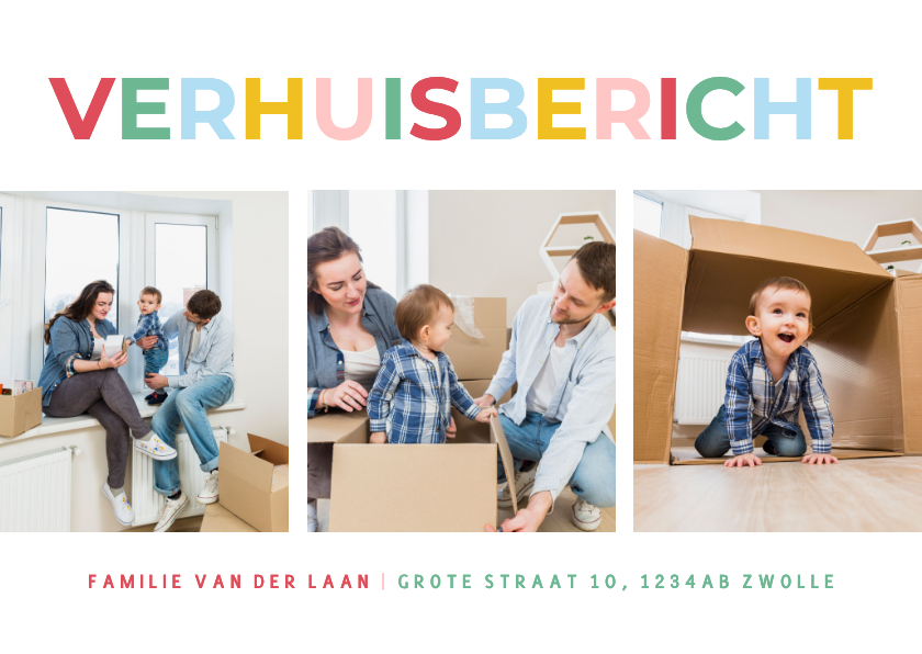 Moderne fotocollage verhuiskaarten met regenboog tekst - Verhuiskaarten Verhuiskaarten - Moderne fotocollage verhuiskaarten met regenboog tekst