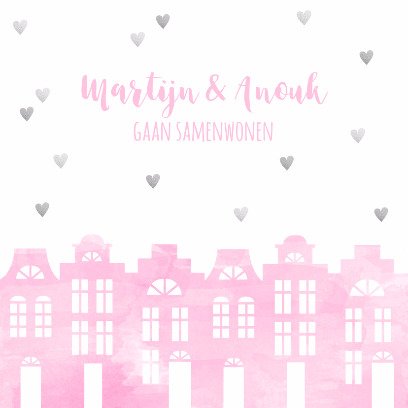 Samenwonen kaart huisjes roze aquarel en hartjes - Verhuiskaarten Verhuiskaarten - Samenwonen kaart huisjes roze aquarel en hartjes