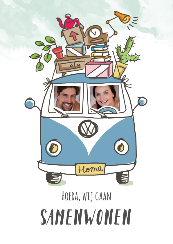 Samenwoonkaart met stel in Volkswagenbusje - Verhuiskaarten Verhuiskaarten - Samenwoonkaart met stel in Volkswagenbusje