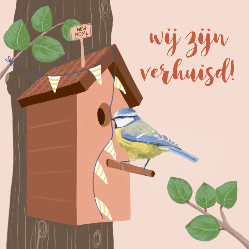 Verhuiskaarten - Verhuisbericht vogelhuisje met pimpelmeesje