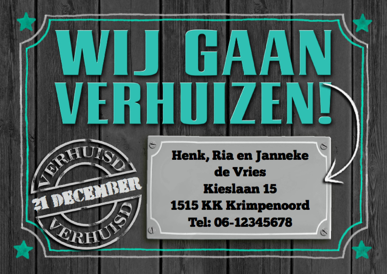 Verhuisbericht witte en groene teksten op grijze houtprint - Verhuiskaarten Verhuiskaarten - Verhuisbericht witte en groene teksten op grijze houtprint