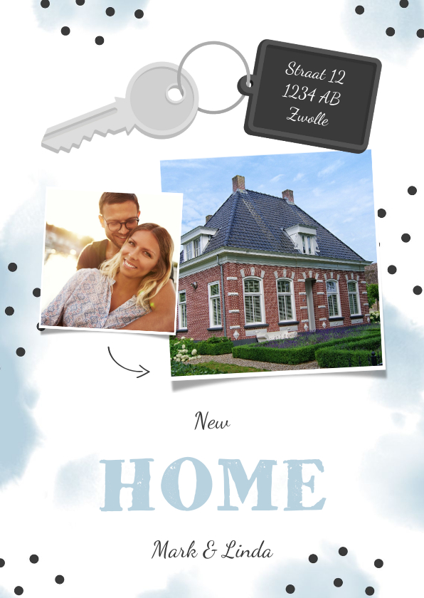 Verhuiskaart 2 foto's sleutel met label new home - Verhuiskaarten Verhuiskaarten - Verhuiskaart 2 foto's sleutel met label new home