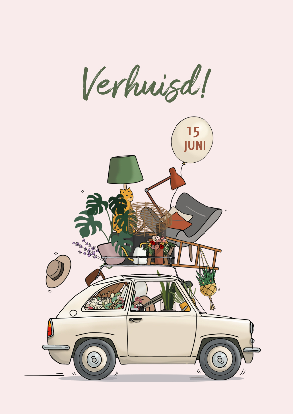 Verhuiskaarten - Verhuiskaart auto beige met verhuisspullen