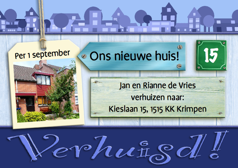 Verhuiskaart blauwe huisjes op houtprint - Verhuiskaarten Verhuiskaarten - Verhuiskaart blauwe huisjes op houtprint