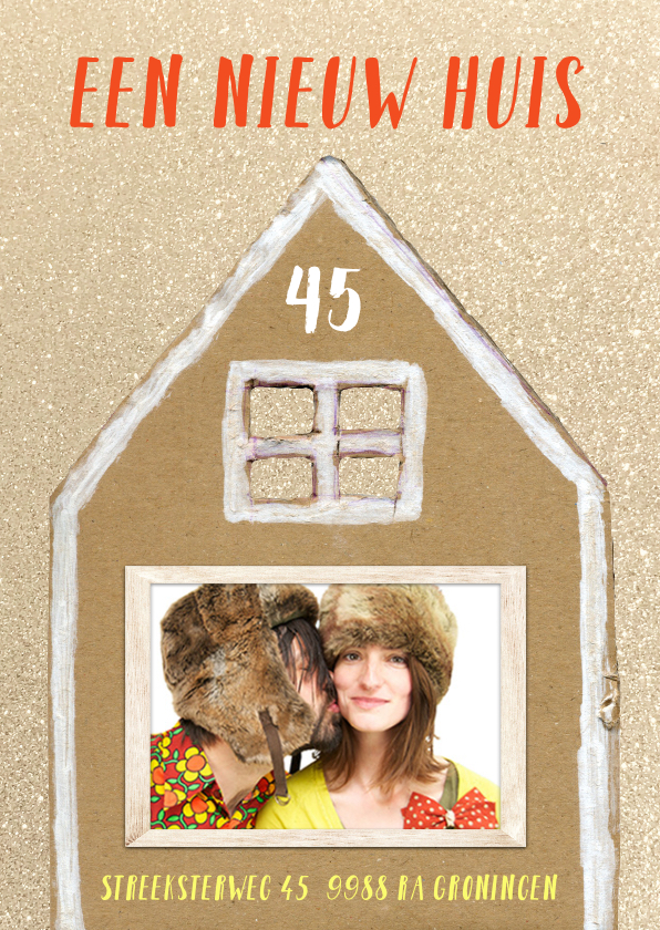 Verhuiskaart glitter huis met foto in raam - Verhuiskaarten Verhuiskaarten - Verhuiskaart glitter huis met foto in raam