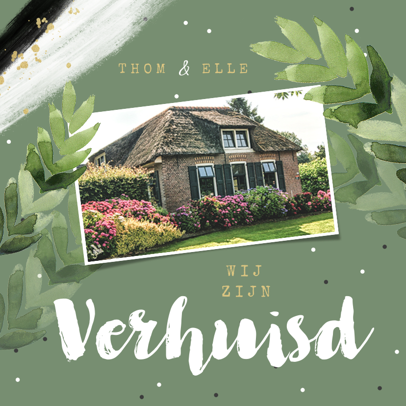 Verhuiskaart hip botanisch groen bladeren confetti foto - Verhuiskaarten Verhuiskaarten - Verhuiskaart hip botanisch groen bladeren confetti foto