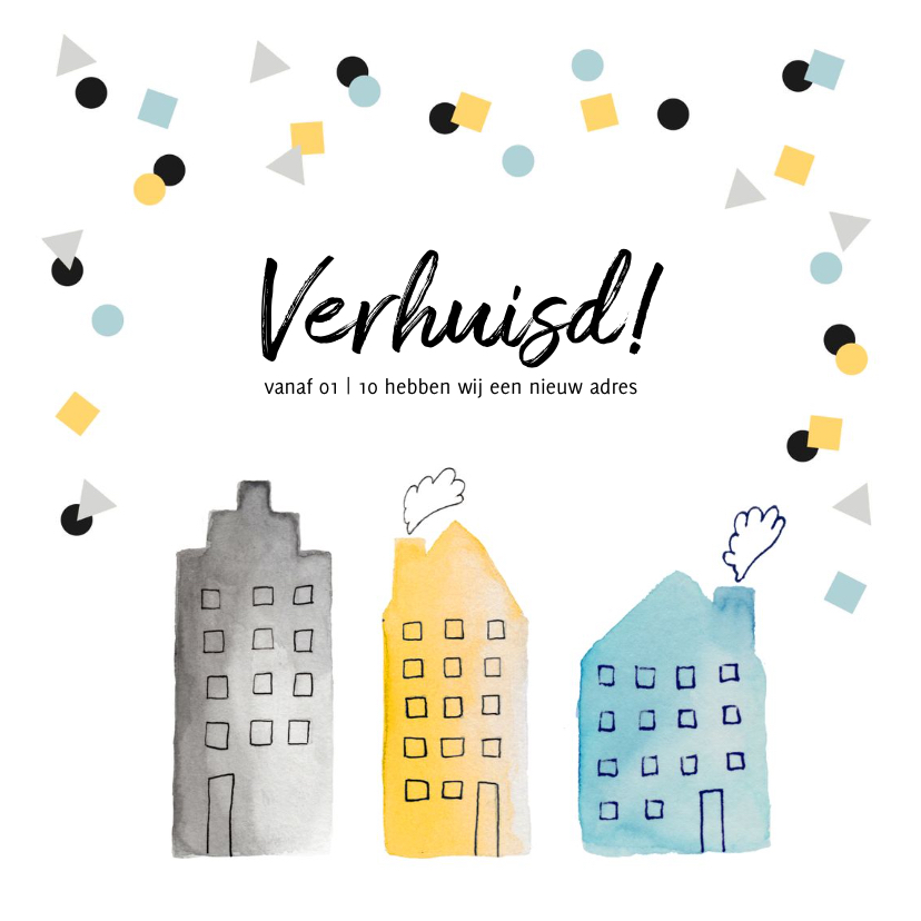 Verhuiskaart hip confetti huisjes - Verhuiskaarten Verhuiskaarten - Verhuiskaart hip confetti huisjes