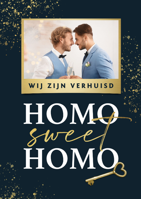 Verhuiskaart homo sweet homo gay sleutel foto goud - Verhuiskaarten Verhuiskaarten - Verhuiskaart homo sweet homo gay sleutel foto goud