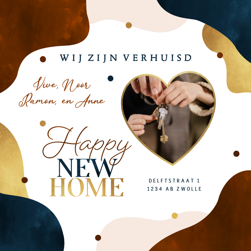 Verhuiskaart housewarming happy new home goud confetti - Verhuiskaarten Verhuiskaarten - Verhuiskaart housewarming happy new home goud confetti