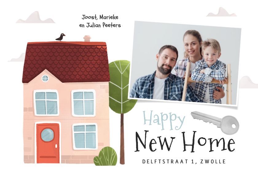 Verhuiskaart huis vogeltje housewarming sleutel foto - Verhuiskaarten Verhuiskaarten - Verhuiskaart huis vogeltje housewarming sleutel foto