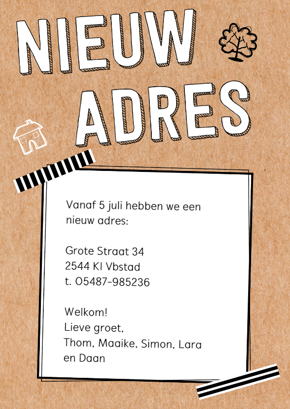 Verhuiskaart karton tape krabbels - Verhuiskaarten Verhuiskaarten - Verhuiskaart karton tape krabbels