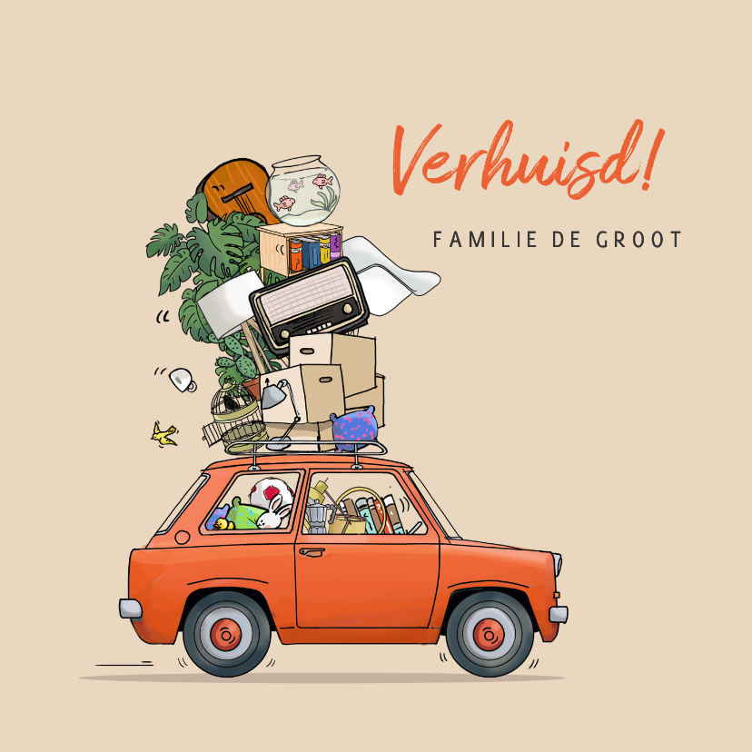 Verhuiskaarten - Verhuiskaart kleine auto rood met verhuisspullen