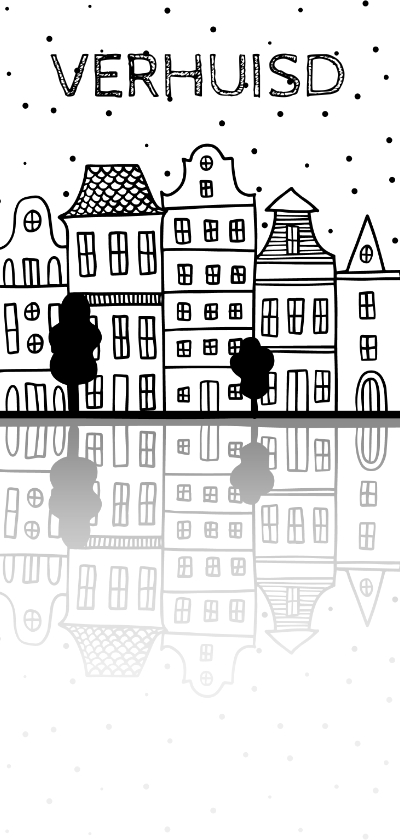 Verhuiskaart langwerpig met Amsterdamse huisjes en reflectie - Verhuiskaarten Verhuiskaarten - Verhuiskaart langwerpig met Amsterdamse huisjes en reflectie