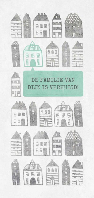 Verhuiskaart langwerpig met geïllustreerde huisjes - Verhuiskaarten Verhuiskaarten - Verhuiskaart langwerpig met geïllustreerde huisjes