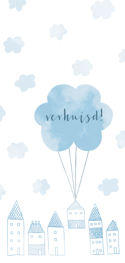 Verhuiskaart langwerpig met huisjes en wolken - Verhuiskaarten Verhuiskaarten - Verhuiskaart langwerpig met huisjes en wolken
