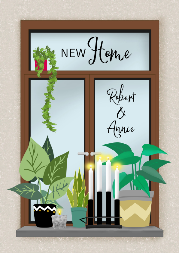 Verhuiskaarten - Verhuiskaart met diverse planten en kaarsen in vensterbank