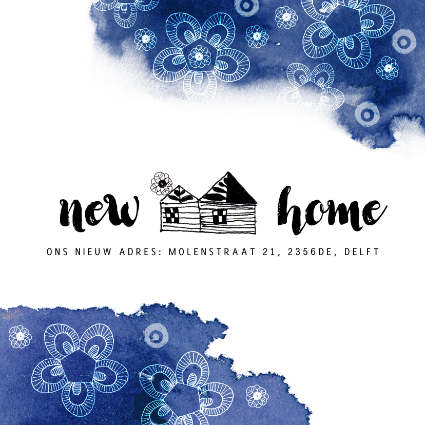 Verhuiskaarten - Verhuiskaart met een huisje en blauwe kleurvlekken