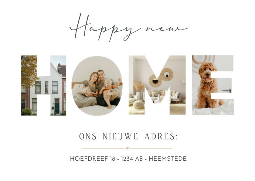 Verhuiskaarten - Verhuiskaart met eigen foto's in de letters H O M E
