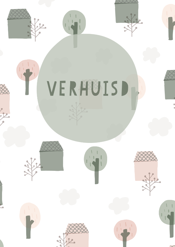 Verhuiskaarten - Verhuiskaart met geïllustreerde huisjes, bomen en wolken