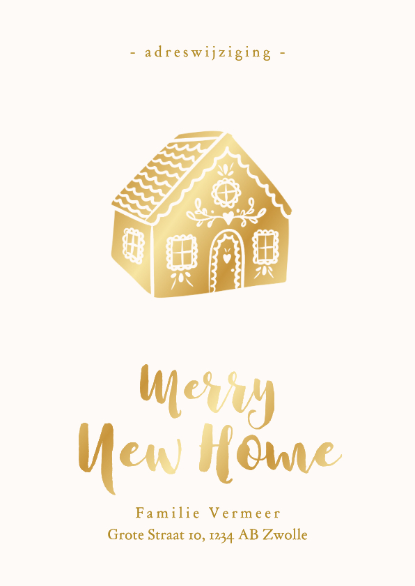 Verhuiskaarten - Verhuiskaart met gouden koekhuisje adreswijziging kerst