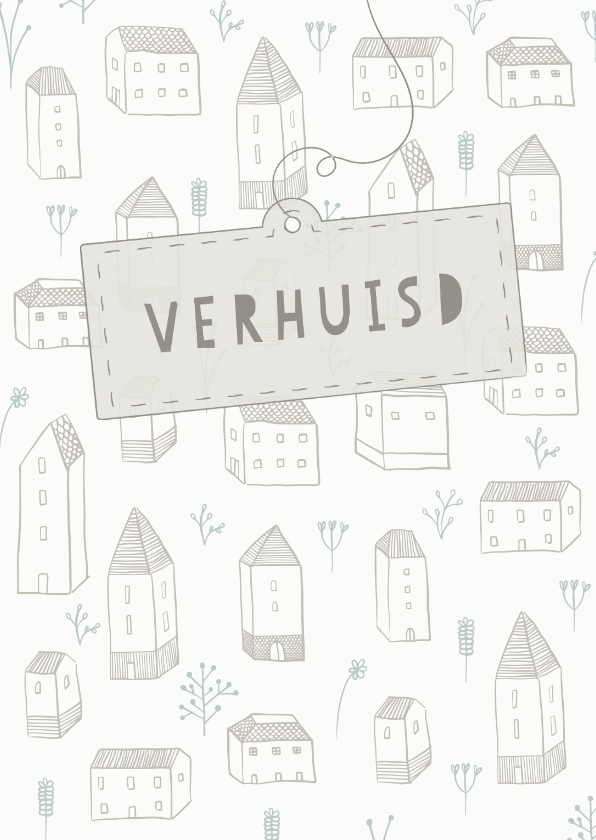 Verhuiskaart met huisjes, bloemetjes en een label - Verhuiskaarten Verhuiskaarten - Verhuiskaart met huisjes, bloemetjes en een label