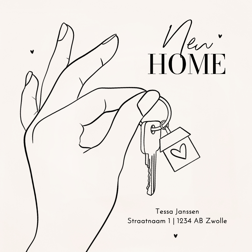 Verhuiskaarten - Verhuiskaart met lijntekening hand en sleutels new home
