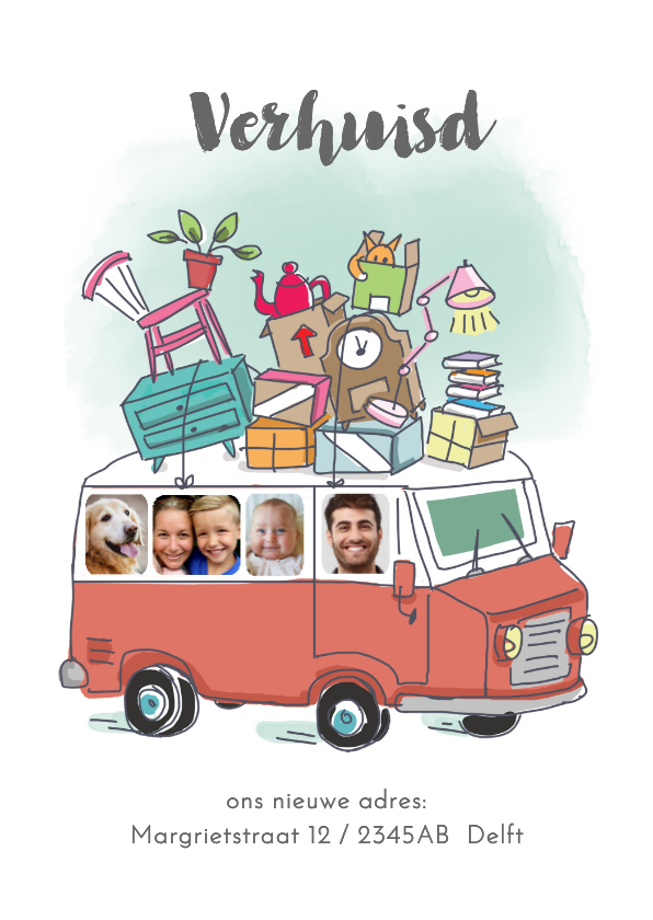 Verhuiskaart met oldtimer bus en foto's - Verhuiskaarten Verhuiskaarten - Verhuiskaart met oldtimer bus en foto's