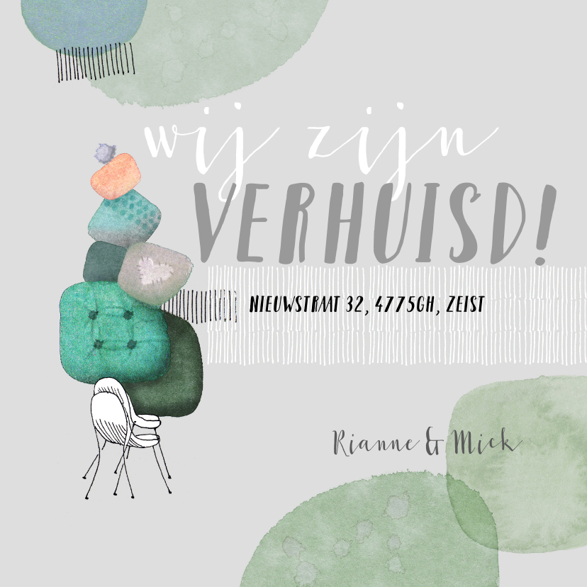 Verhuiskaart met twee stoelen en kussens - Verhuiskaarten Verhuiskaarten - Verhuiskaart met twee stoelen en kussens