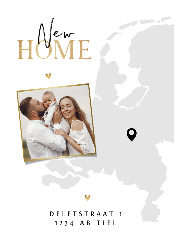 Verhuiskaarten - Verhuiskaart Nederland kaart new home goud hartjes foto